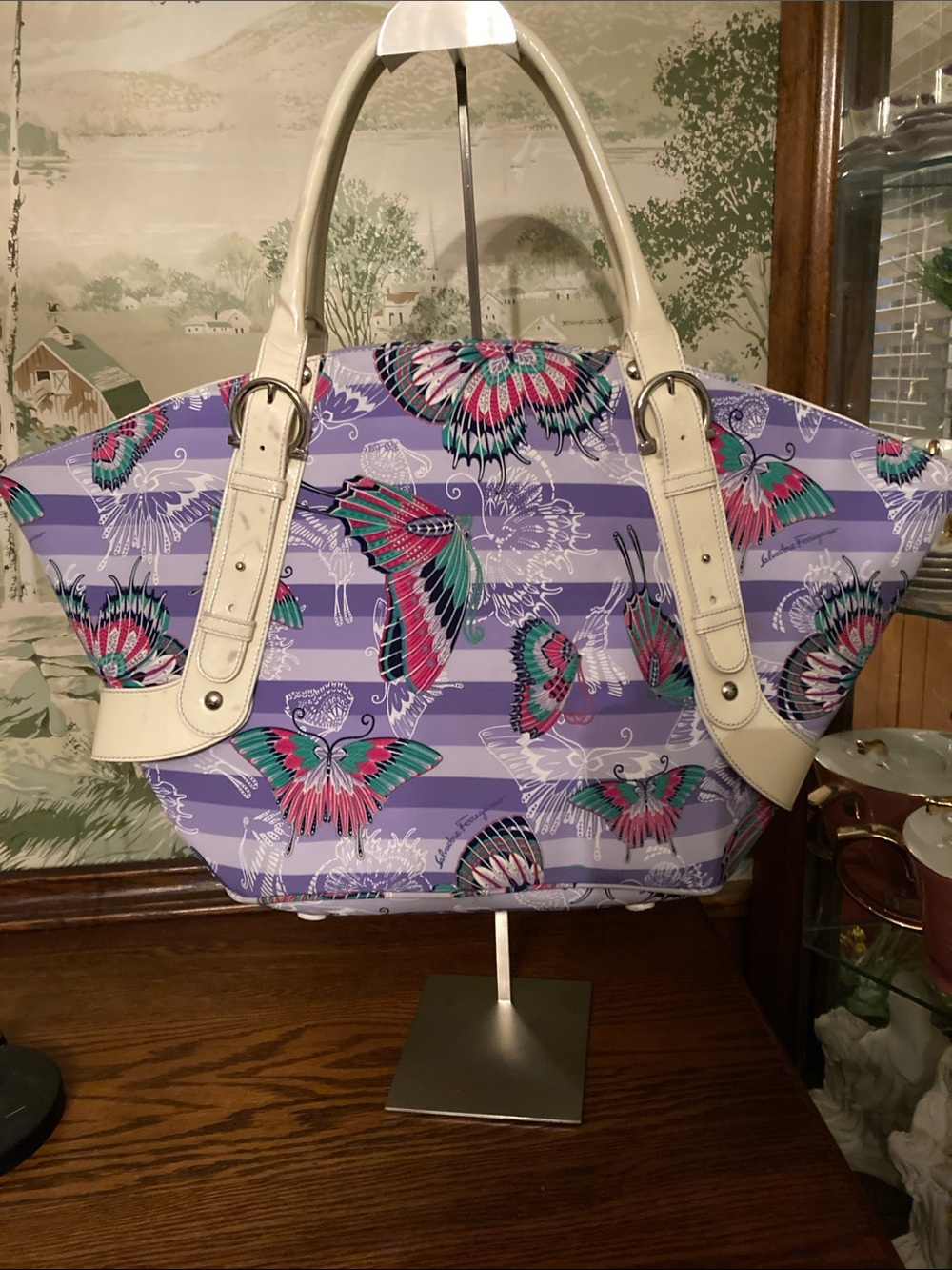 Salvatore Ferragamo Lavender & White Striped Patent Leather Buckle Shopper Tote
